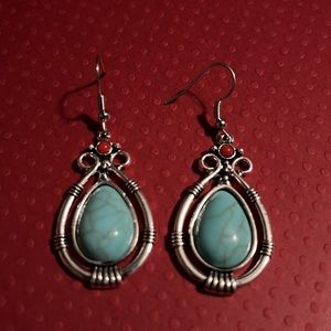 Silver-tone turquoise-colored tear drop earrings